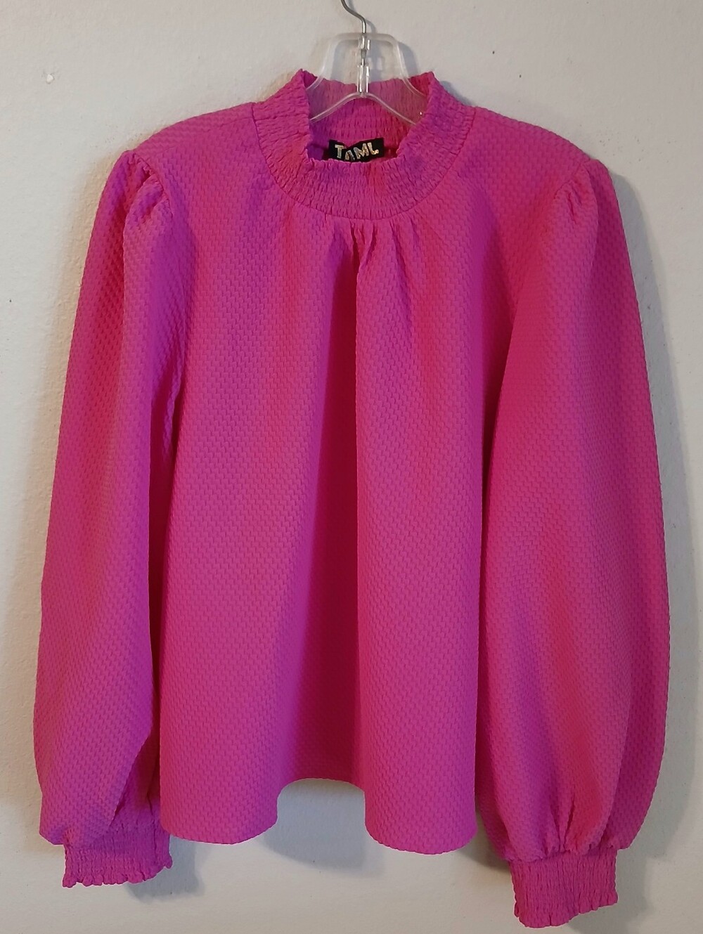 Fuchsia Textured Long-Sleeve Blouse Size XL Boho